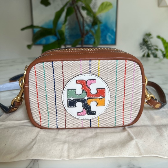 Tory Burch Handbags - NWOT Tory Burch Perry Bombe Canvas Colorblock Mini Bag Multi Striped Leather